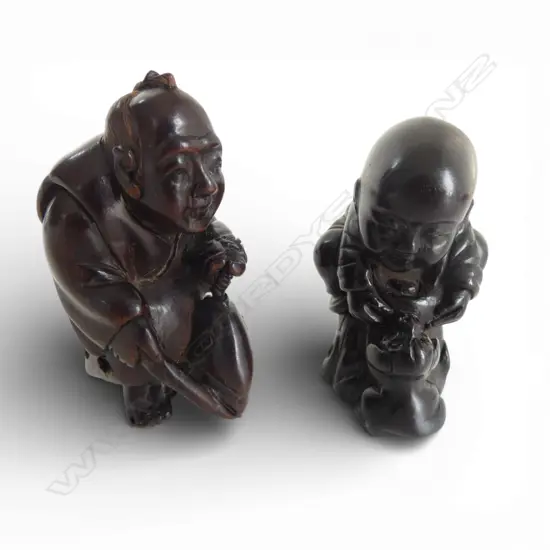 JAPANESE CARVED WOOD NETSUKE OF A RYOSHI WITH CARP, SIGNED + A BABY w. PUPPY, SIGNED, H.45mm