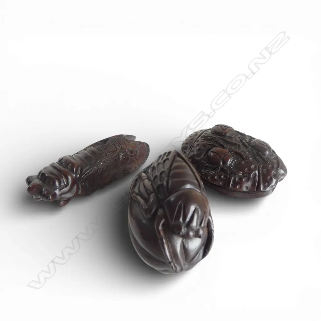 3 JAPANESE CARVED WOOD NETSUKE OF A CICADA ON SEED POD, SIGNED + BEETLE GROUP, SIGNED & CICADA, UNSIGNED, L.65mm Image 1++