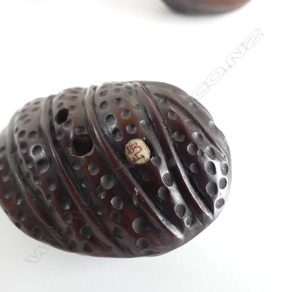 3 JAPANESE CARVED WOOD NETSUKE OF A CICADA ON SEED POD, SIGNED + BEETLE GROUP, SIGNED & CICADA, UNSIGNED, L.65mm Image 1++