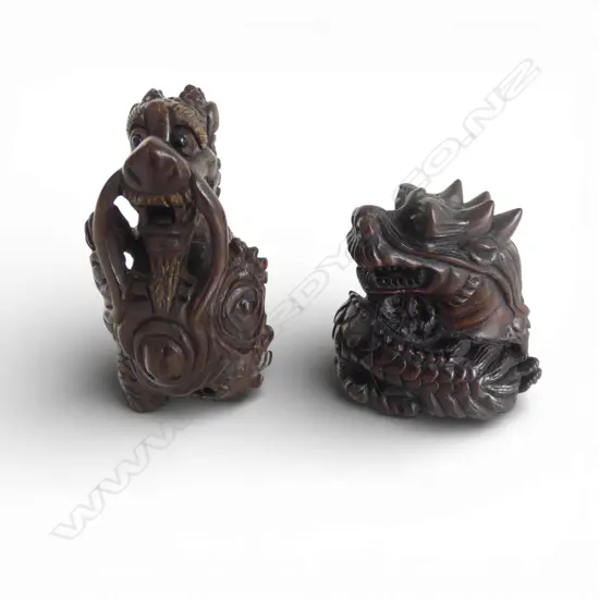 JAPANESE CARVED WOOD NETSUKE OF A DRAGON, SIGNED + A COILED DRAGON, SIGNED, H.38mm