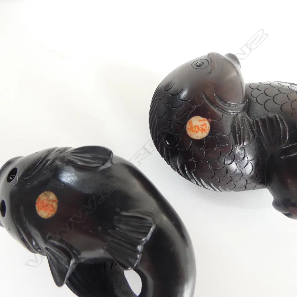 JAPANESE CARVED WOOD NETSUKE OF TWO KOI CARP, SIGNED + NAMAZU, SIGNED &  A KUJIRA, SIGNED, H.35mm Image 1++