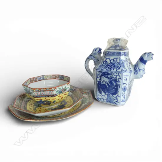 CHINESE FAMILE ROSE TRIO + B/W TEAPOT