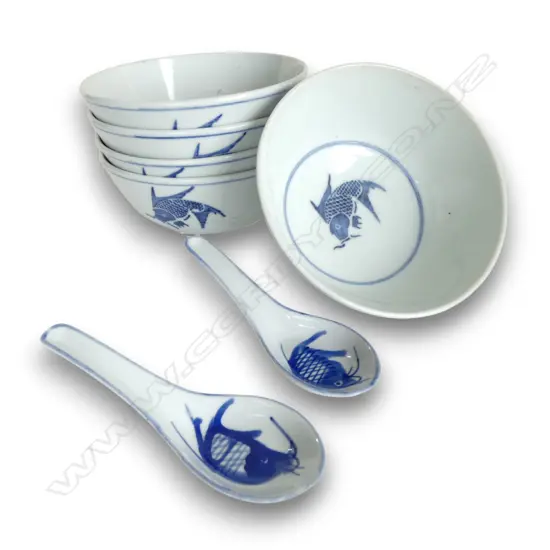 5 CHINESE B/W BOWLS + 2 SPOONS carp decoration Dia.155mm