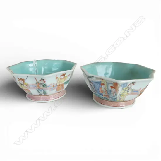 PR OF OLD CHINESE FAMILLE ROSE OCTAGONAL DISHES turquoise blue interior & foot. Red Character marks to base. Dia.160mm.
