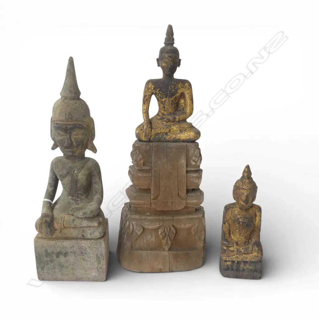 3 ORIENTAL CARVED WOODEN BUDDHAS H.280mm EX JOHN PERRY ESTATE Image 1++