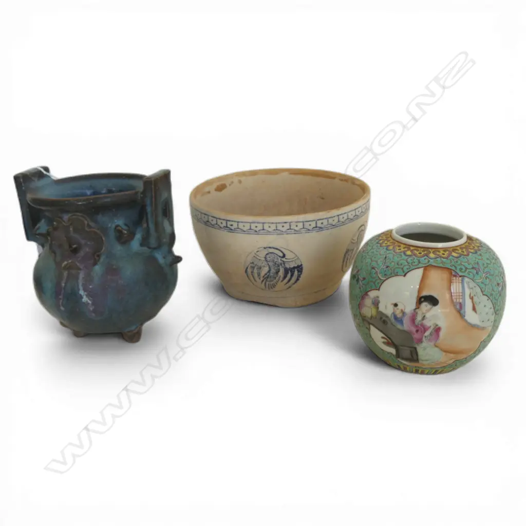 3 ORIENTAL CERAMICS; BOWL 210mm dia, VASE & INCENSE BURNER H.165mm Image 1++