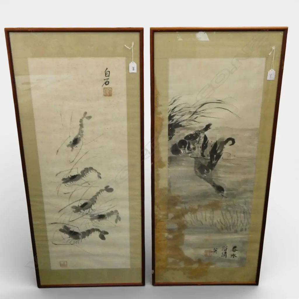 TWO CHINESE ARTWORKS: 1 attributed Qi Baishi of Shrimps. Other with duck semi submerged. Both with faults. 840 x 310mm Image 1++