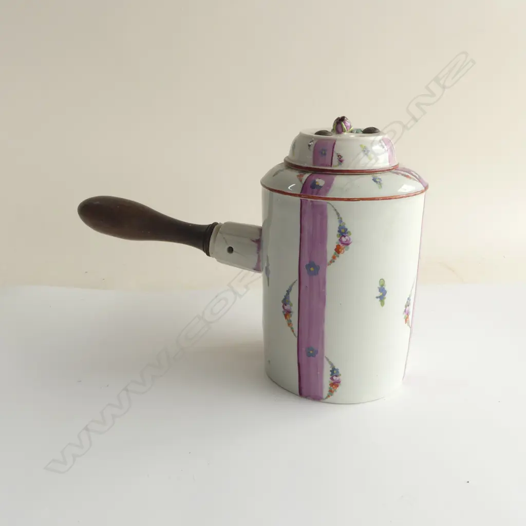 c1800 PROBABLY LIMOGE PORCELAIN HOT CHOCOLATE POT finely hand painted florals. Wood handle. Minor faults. H.180mm  Image 1++