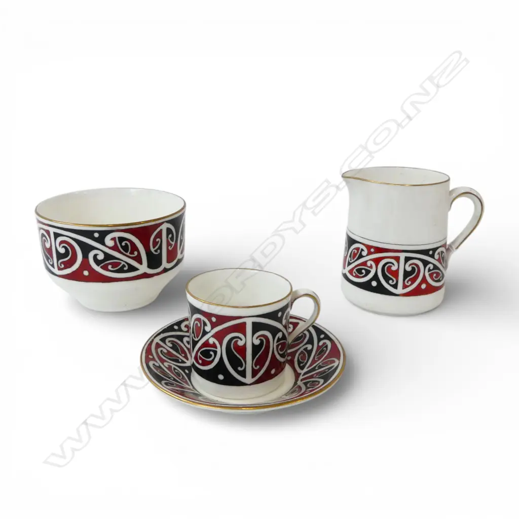Royal Doulton 'Māori Art' demi tasse cup & saucer + sugar bowl & cream jug Image 1++