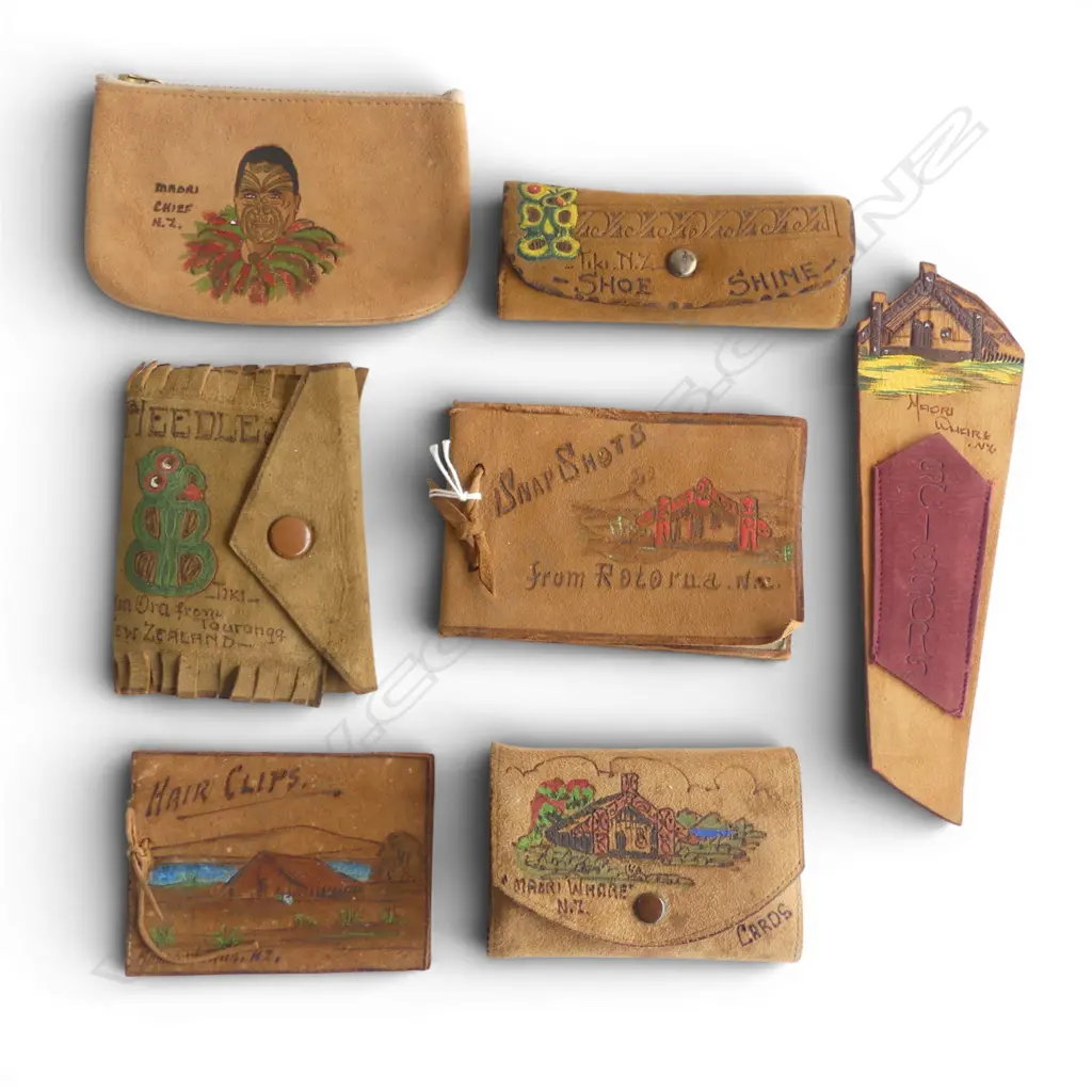 7 VINTAGE SOUVENIR MAORI DECORATED LEATHER PURSES + FOLDERS ETC Image 1++