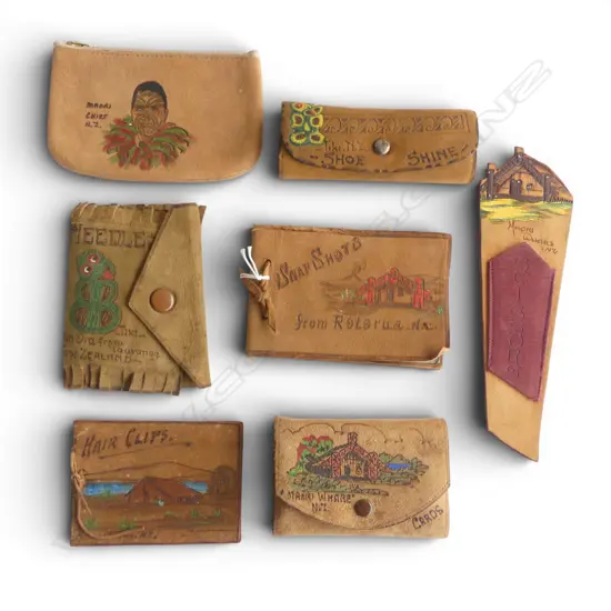 7 VINTAGE SOUVENIR MAORI DECORATED LEATHER PURSES + FOLDERS ETC