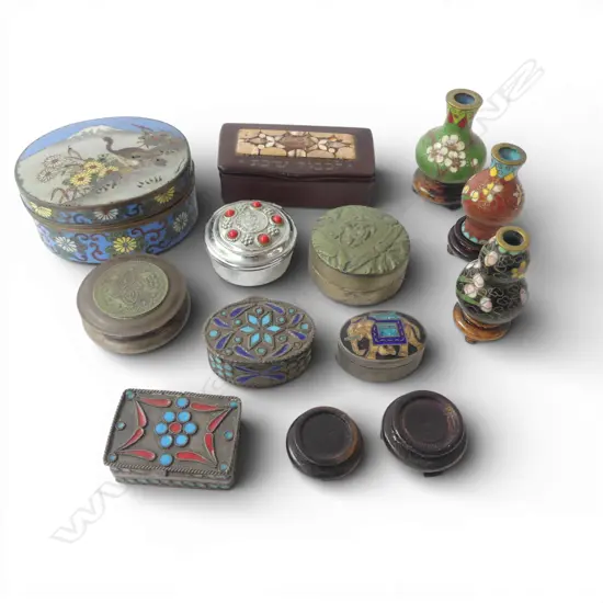 ASST ENAMEL PILL BOXES, MINIATURE CLOISONNE VASES, etc 