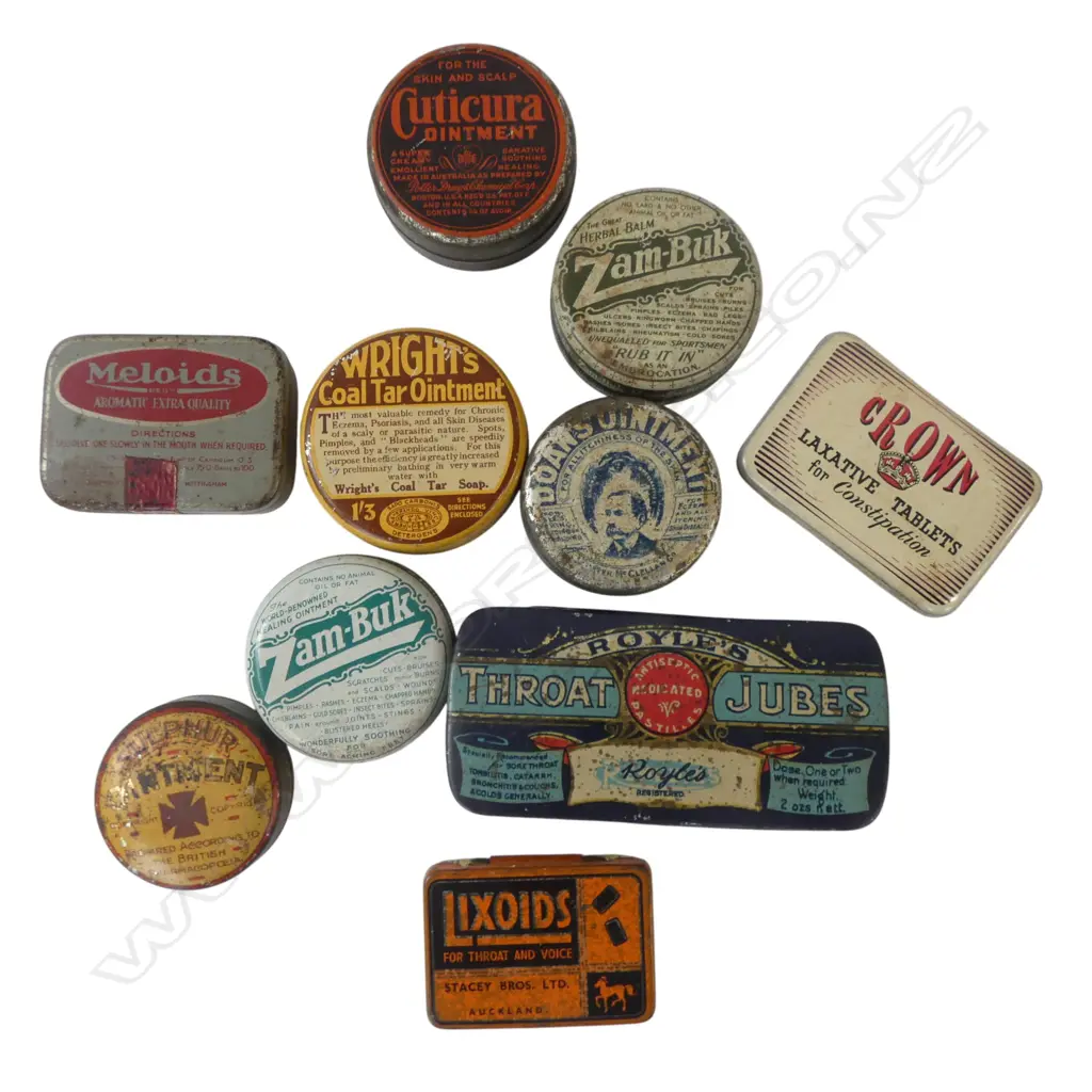 TEN VINTAGE MEDICINAL TINS SULPHUR OINTMENT ETC, L.45MM-105MM Image 1++