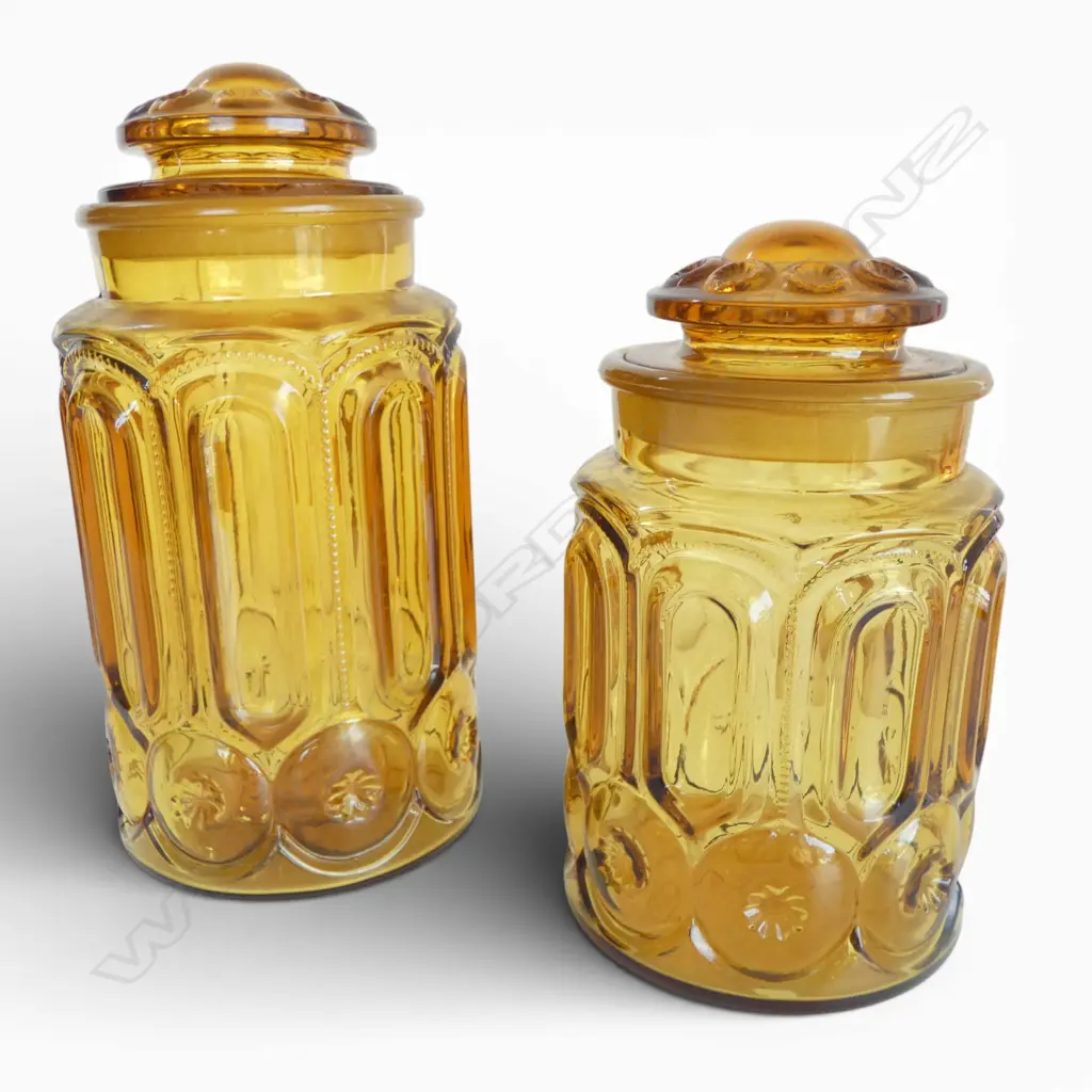 2 AMBER GLASS VINTAGE LOLLY JARS H300 & 250MM Image 1++