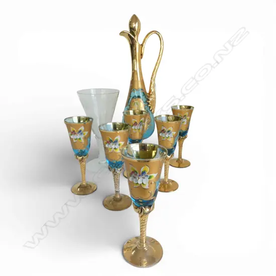 VENETIAN GLASS DECANTER & 6 WINE GLASSES H.370 + AIR STEM ACID ETCHED GLASS H.195mm