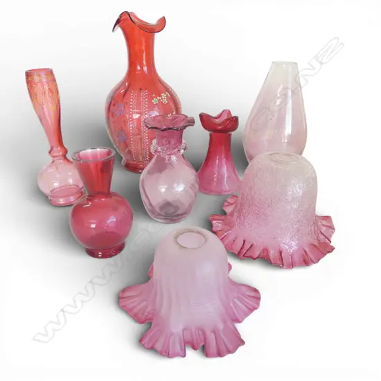 COLLECTION OF CRANBERRY GLASS LIGHT SHADES  VASES ETC