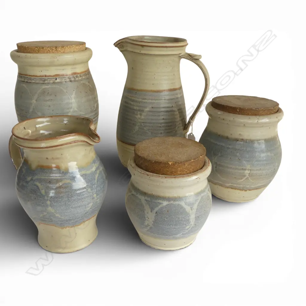 CARRICK OLIVER STUDIO POTTERY; 2 JUGS + 3 LIDDED CONTAINERS H.265mm Image 1++