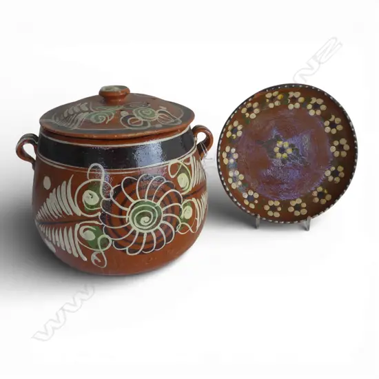 MEXICAN POTTERY LIDDED CONTAINER H.210mm & PLATE 205mm dia