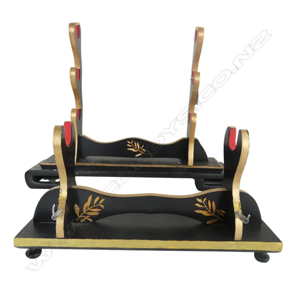 TWO JAPANESE BLACK LACQUER SWORD STANDS: ONE FOR THREE SWORDS AND ONE FOR ONE Image 1++