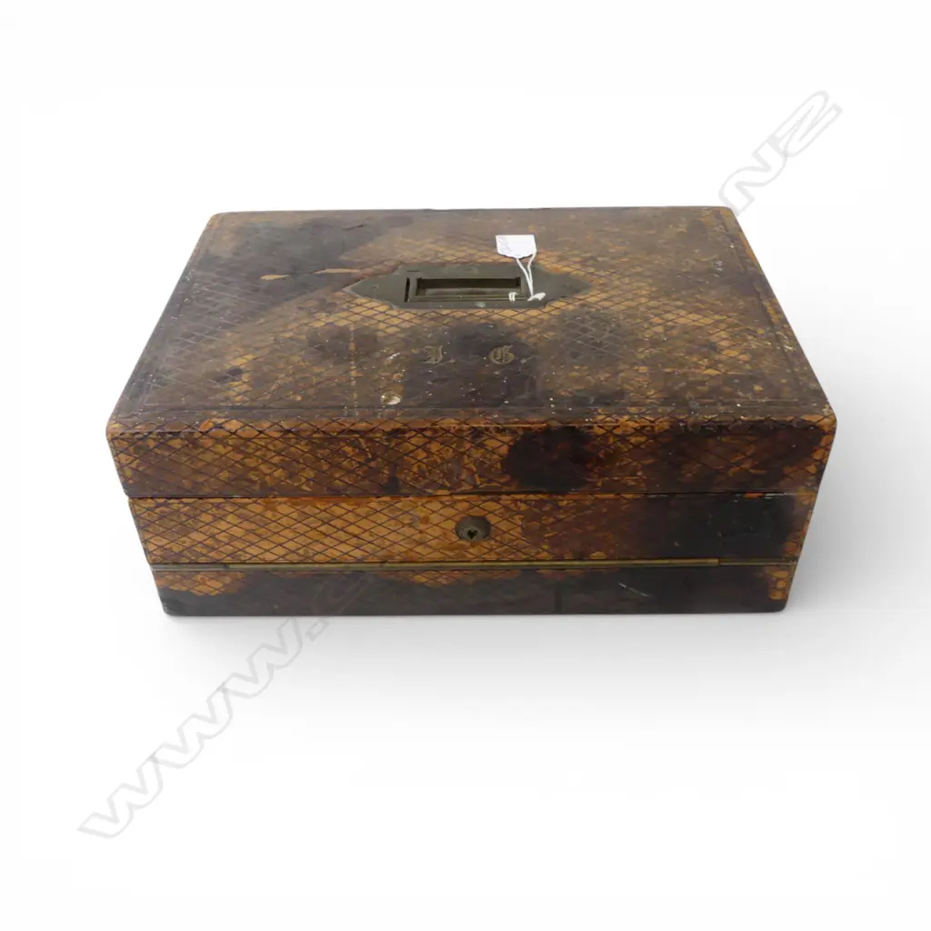 ANTIQUE EMBOSSED LEATHER WRITING SLOPE with slate fitting, faults 365x265x145mm Image 1++