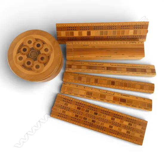 BOX OF NZ SOUVENIR WOOD ITEMS: rulers + pencil case + cribbage boards + inlaid lidded box....