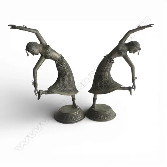 VINTAGE PAIR OF INDIAN SILVER PLATE DANCER SCULPTURES. H.340mm