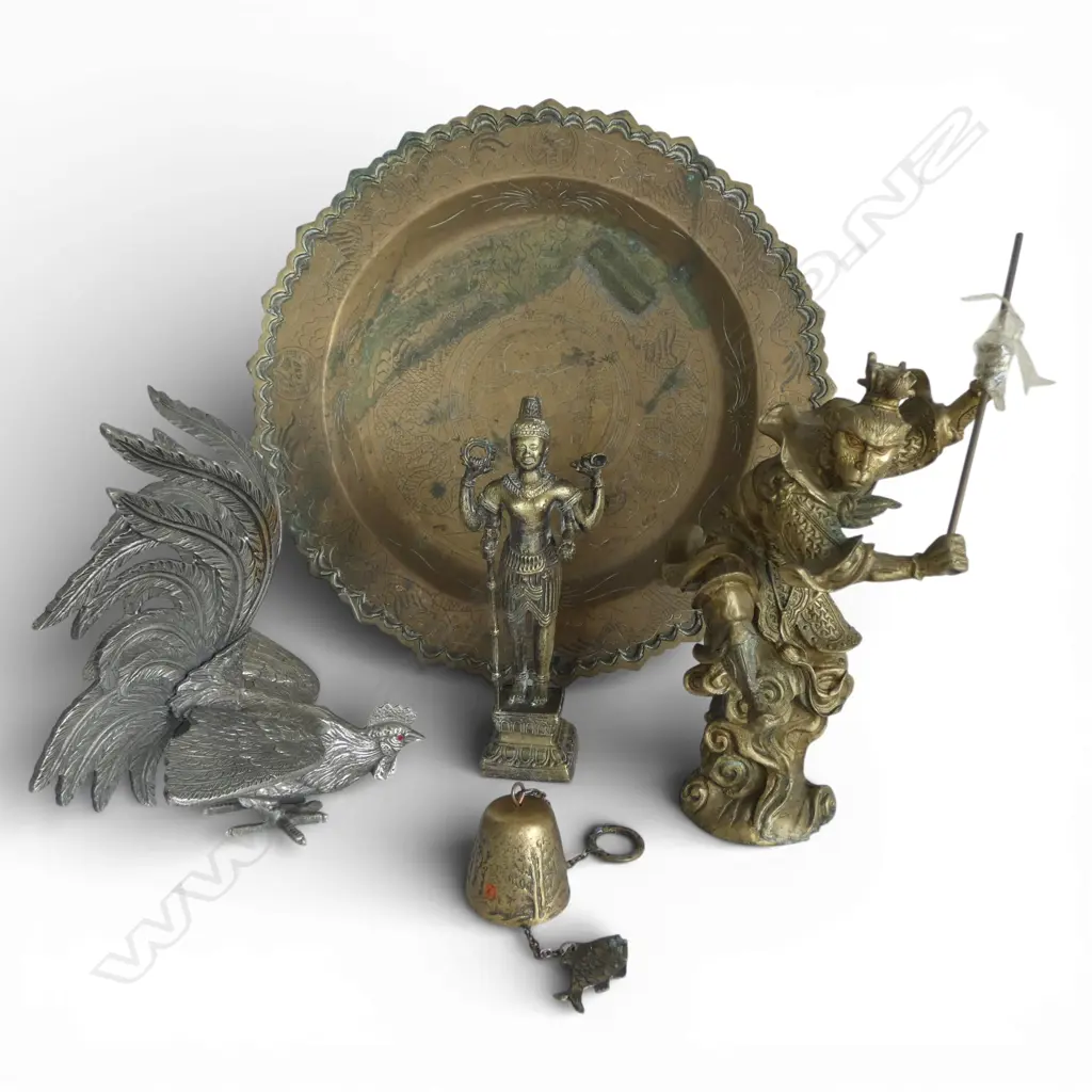 CHINESE BRASS TRAY  DIA380MM 2 FIGURES COCK & BELL Image 1++