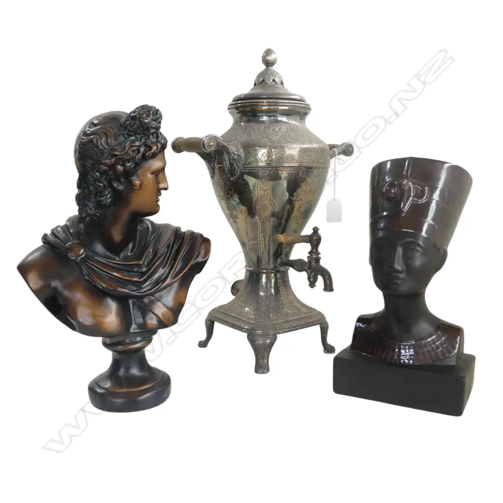 OLD SILVER PLATE SAMOVAR wrong lid + 2 classical sculptures: Alexander & Nefertiti Image 1++
