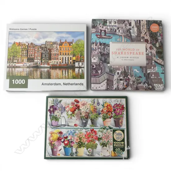THREE 1000PC JIGSAW PUZZLES COMPLETE – SHAKESPEARE, AMSTERDAM, BOUQUET 
