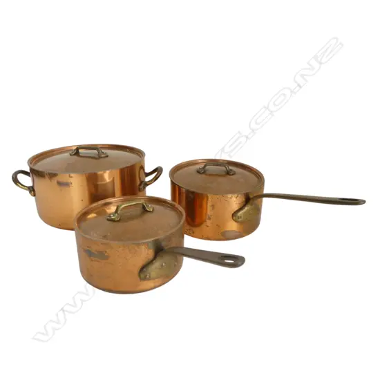3 LIDDED COPPER PANS LARGEST 205mm dia
