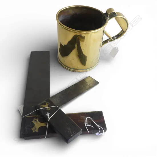 VICT BRASS MUG H150MM & 2 EDWARDIAN CARPENTERS SQUARES