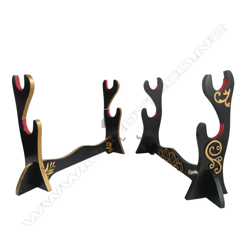 TWO JAPANESE BLACK LACQUER SWORD STANDS: BOTH FOR TWO SWORDS Image 1++