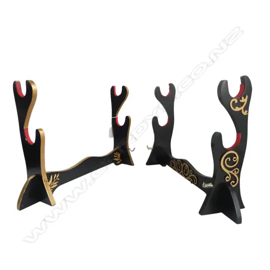 TWO JAPANESE BLACK LACQUER SWORD STANDS: BOTH FOR TWO SWORDS