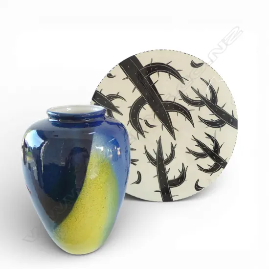 STUDIO POTTERY VASE BY CAMERON BROWN H250MM & ROSE WALLIS PLATTER DIA370MM