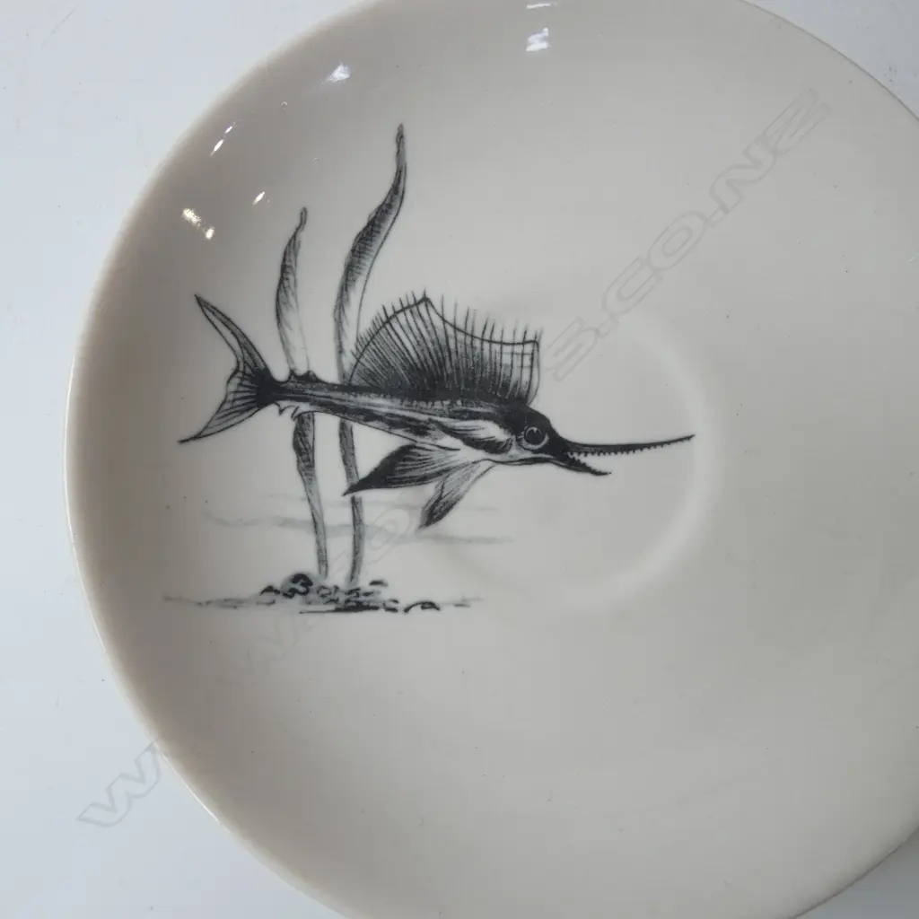 6 CROWN LYNN 'PREHISTORIC FISH TRIOS two cups marked 'made in England' + 7 SUPER VITRIFIED SAUCERS & 7 asst. cups Image 1++