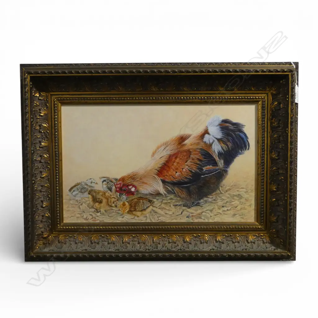 M. GEBBIE, HEN w. CHICKS, ACRYLIC ON BOARD 230x380mm Image 1++