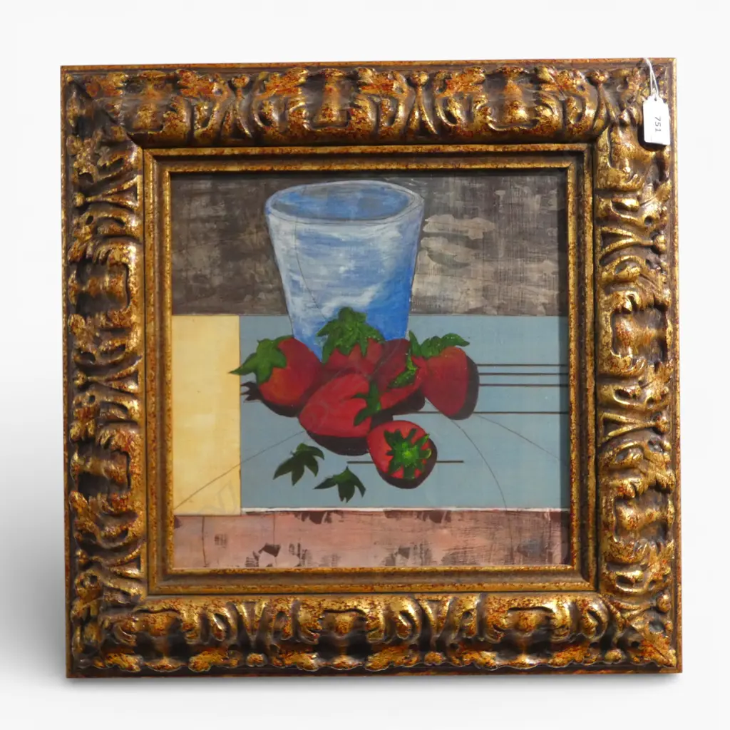 STILL LIFE WITH STRAWBERRIES, ACRYLIC ON BOARD, SIGNED 'MV 06' 290x290mm Image 1++