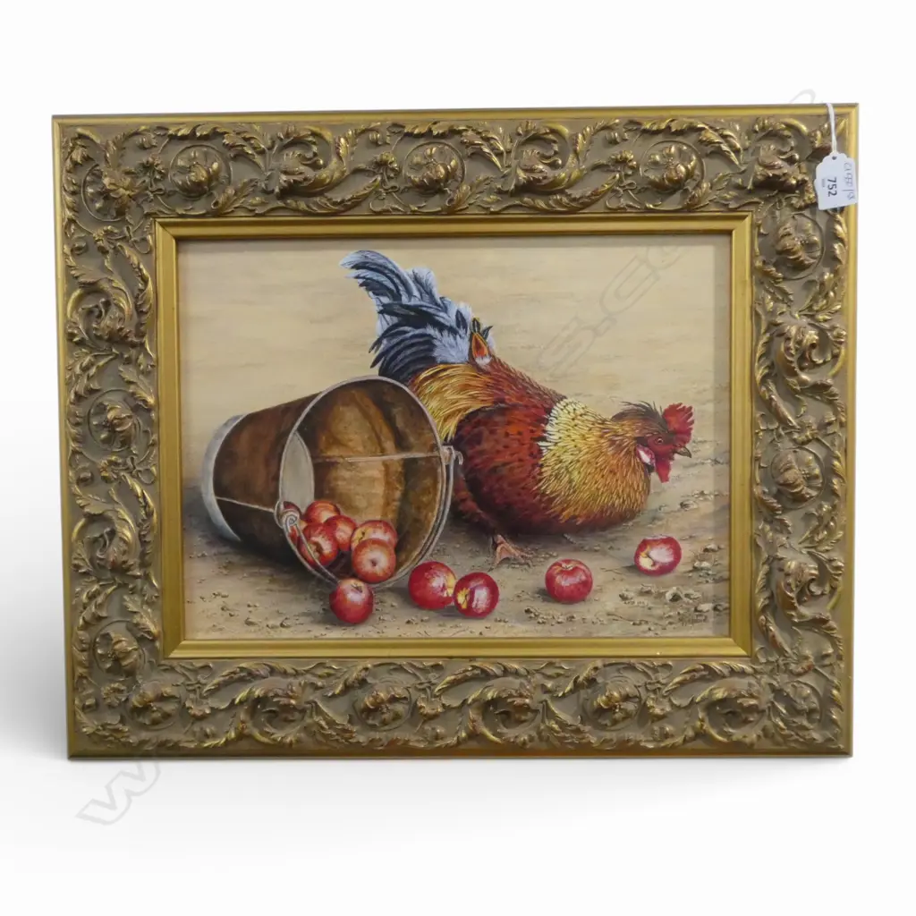 M. GEBBIE, ROOSTER w. APPLES, ACRYLIC ON BOARD 270x375mm Image 1++