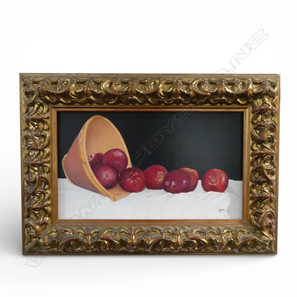 M. GEBBIE, STILL LIFE WITH APPLES, ACRYLIC ON BOARD, SIGNED 280x480mm Image 1++