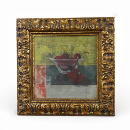 STILL LIFE WITH CHERRIES, ACRYLIC ON BOARD, SIGNED 'MV 06' 290x290mm
