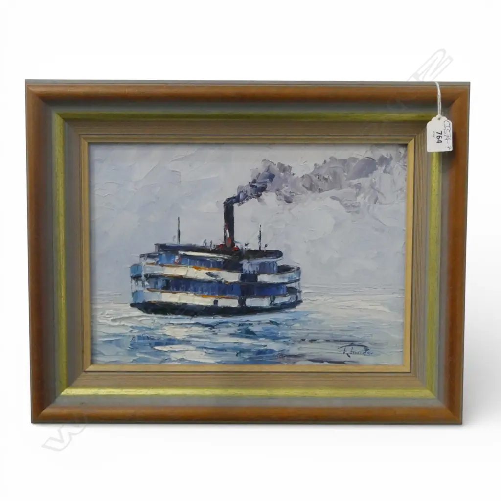SIGNATURE INDISTINCT, OIL PAINTING OF BIRKENHEAD'S SS TOROA, NORTH SHORE TIMES PAPER CLIP VERSO DATED 1996, 235x330mm Image 1++