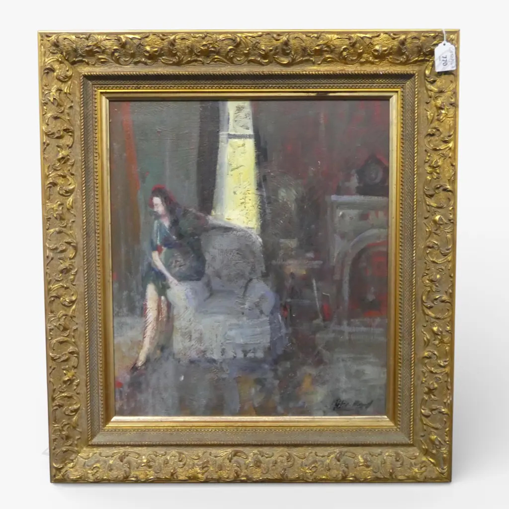 PETER REID 'LADY ON A CHAIR' OIL ON BOARD 425x370mm Image 1++