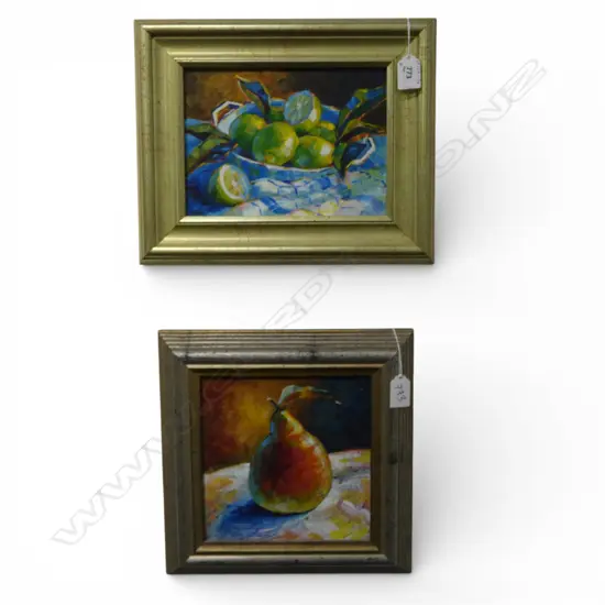 DEIRDRE HATRICK-SMITH, 'PEAR' & 'LEMONS', ACRYLIC ON BOARD (2), 190 X 190mm & 155 x 220mm