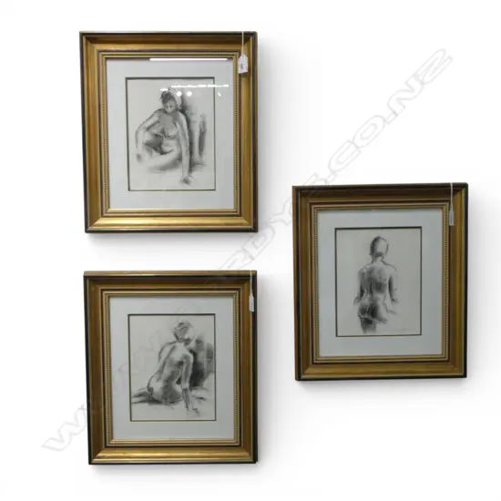 DEIRDRE HATRICK-SMITH, THREE NUDE STUDIES, CHARCOAL, 240 X 180mm (EACH) IN GILDED FRAMES