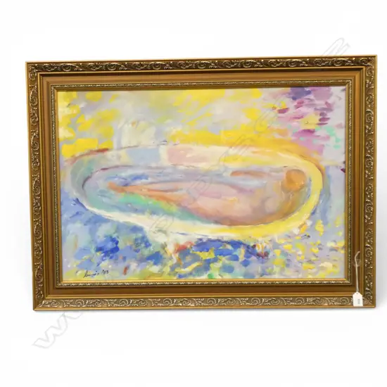 ARTIST UNKNOWN, WOMAN IN BATH, OIL ON BOARD, SIGNED & DATED '83 505x750mm
