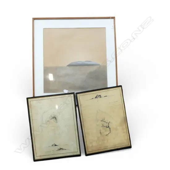 GEOFFREY TUNE, GULF, GRAPHITE ON PAPER, 560x550mm foxing + 2 FRAMED MAPS