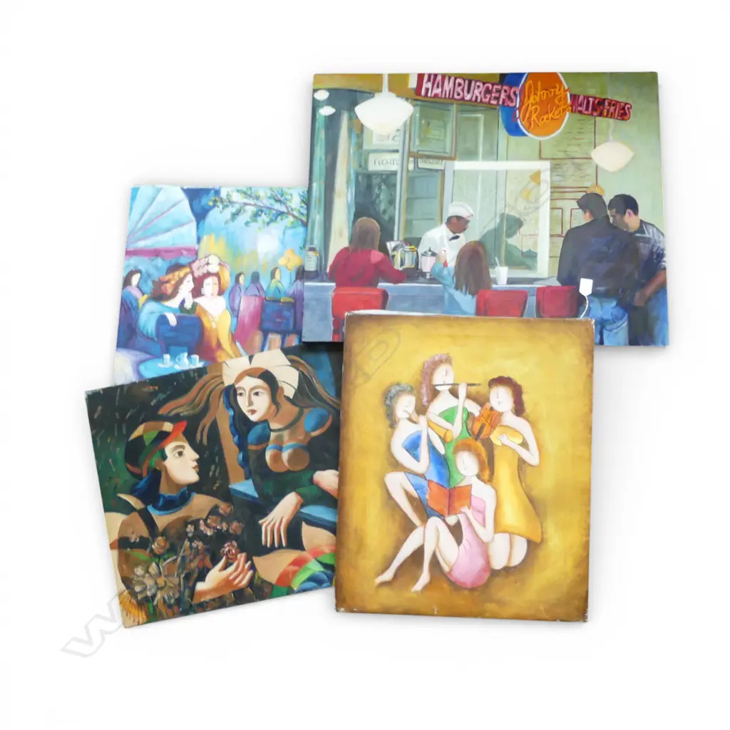 FOUR DECORATIVE PAINTINGS ON CANVAS, 610 x 760mm (largest) Image 1++