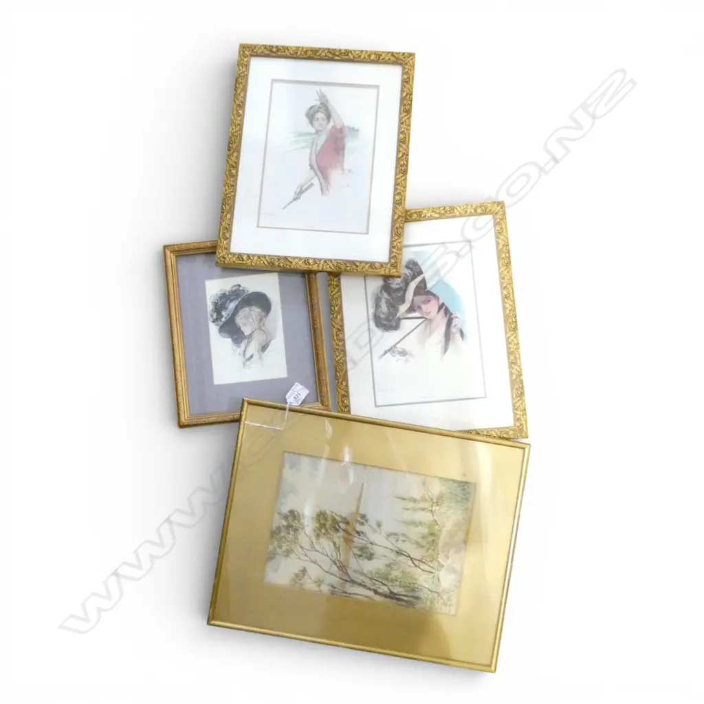 3 HARRISON FISHER EARLY 20thC FASHION PRINTS + MABEL WITHERS LANDSCAPE WC 285x195mm Image 1++