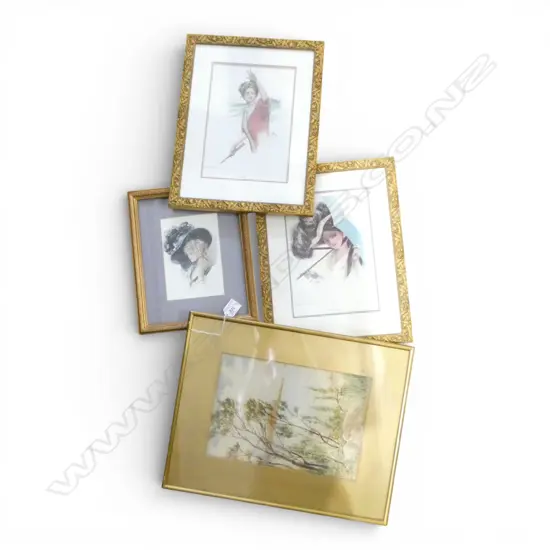 3 HARRISON FISHER EARLY 20thC FASHION PRINTS + MABEL WITHERS LANDSCAPE WC 285x195mm