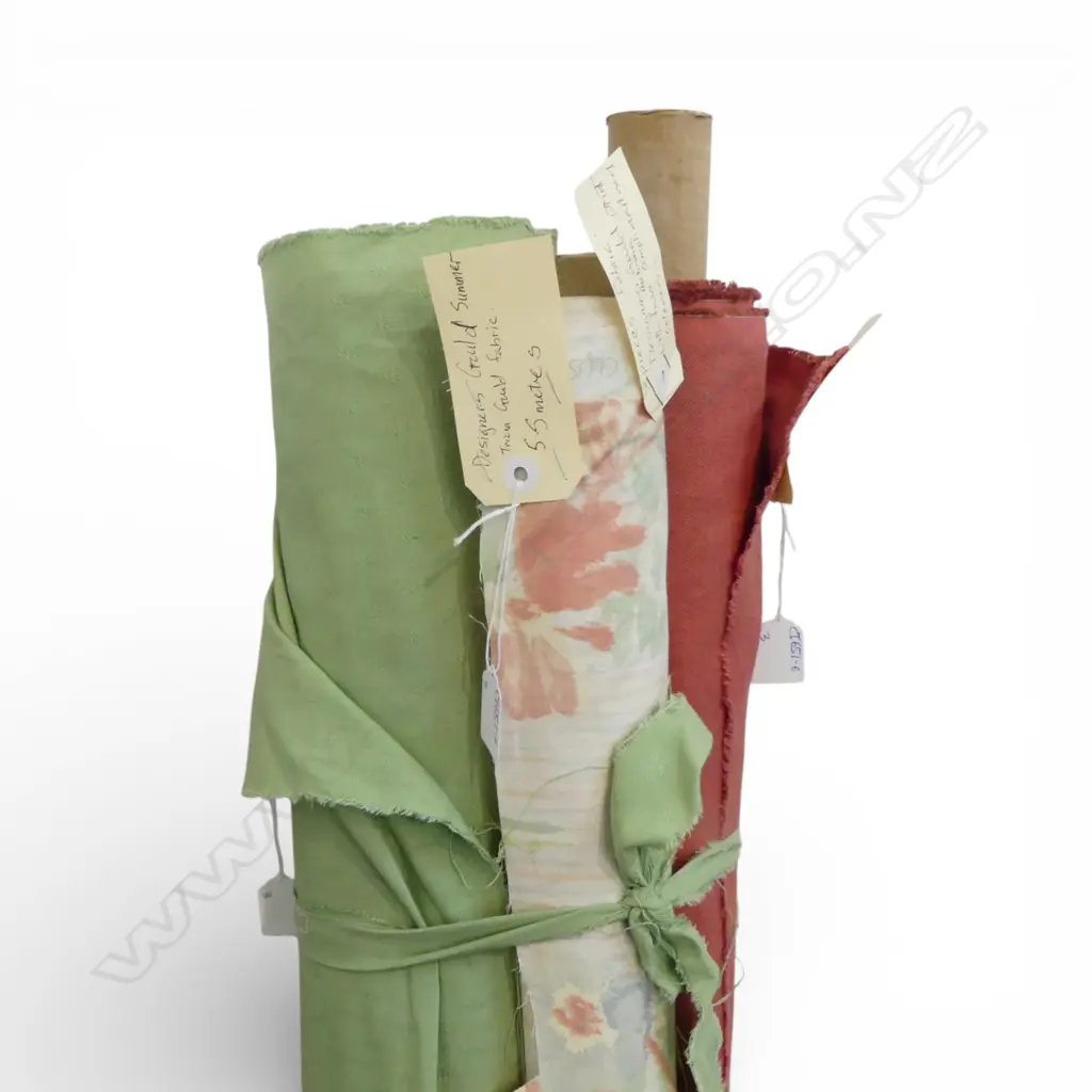 3 FABRIC BOLTS; BRICK, COTTON/LINEN, 10M, DESIGNER GUILD SUMMER, 5.5M & APPLE GREEN, COTTON, 25M Image 1++